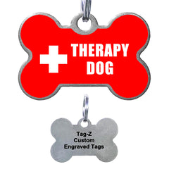 Therapy Dog Medical Alert Pet ID Tags Custom Printed and Laser Engraved Stainless Steel Bone Shape Includes Split Ring and Silencer